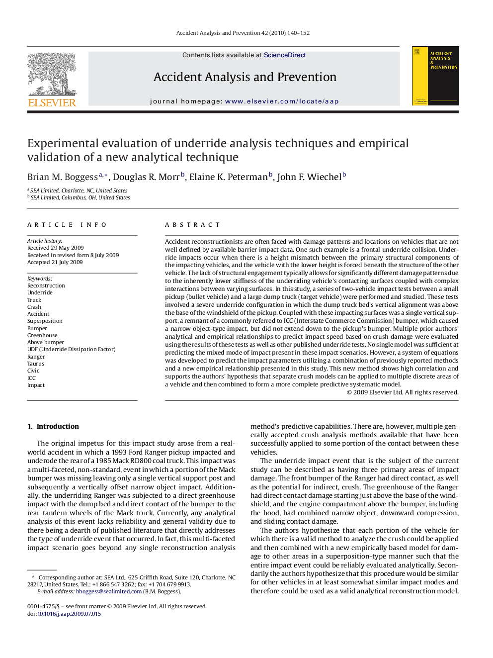 Experimental evaluation of underride analysis techniques and empirical validation of a new analytical technique