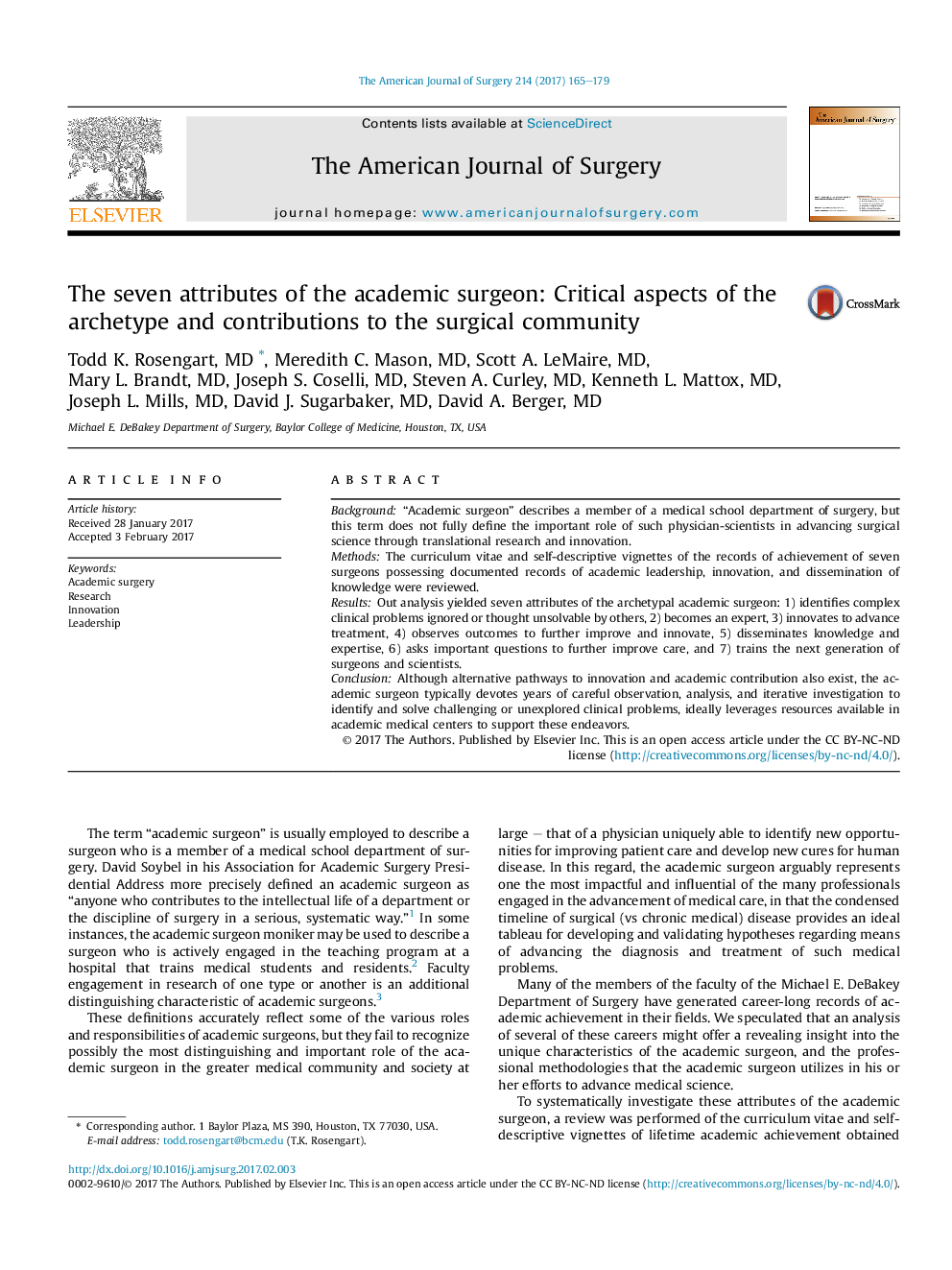 The seven attributes of the academic surgeon: Critical aspects of the archetype and contributions to the surgical community