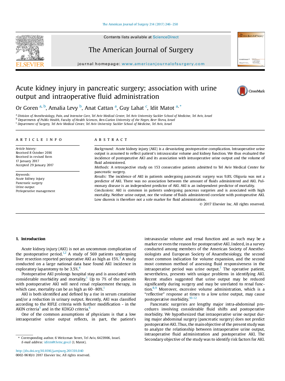 Acute kidney injury in pancreatic surgery; association with urine output and intraoperative fluid administration