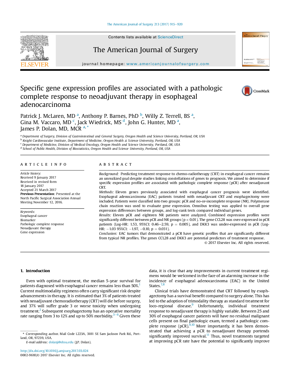 Specific gene expression profiles are associated with a pathologic complete response to neoadjuvant therapy in esophageal adenocarcinoma