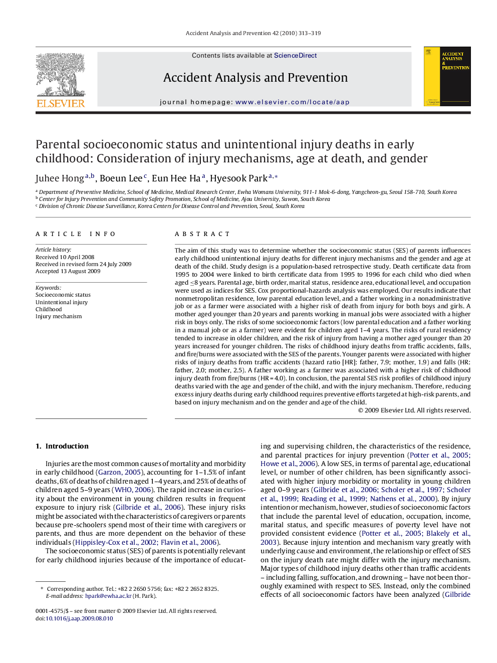 Parental socioeconomic status and unintentional injury deaths in early childhood: Consideration of injury mechanisms, age at death, and gender