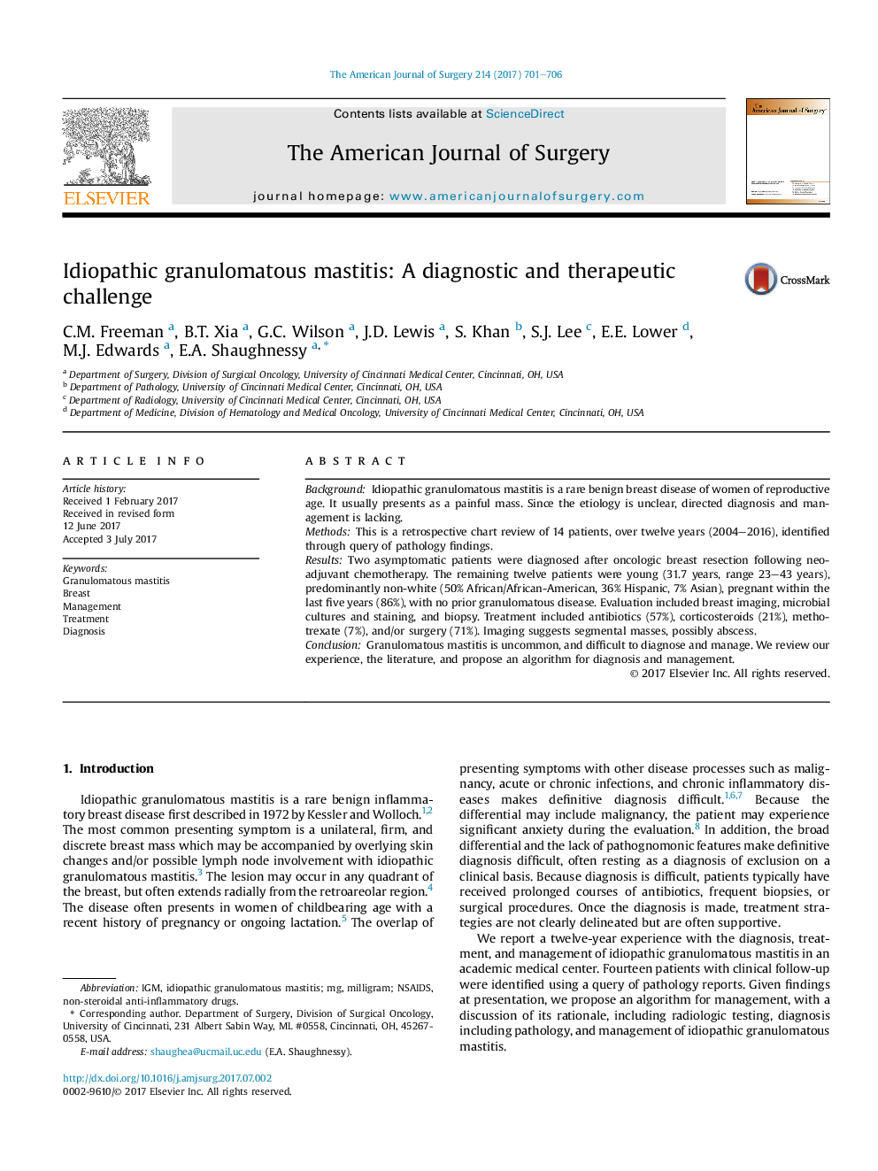 Idiopathic granulomatous mastitis: A diagnostic and therapeutic challenge