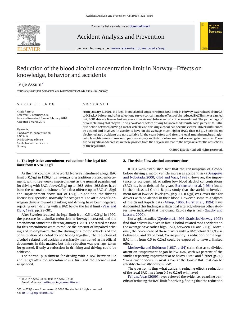 عکس صفحه اول مقاله: Reduction of the blood alcohol concentration limit in Norway—Effects on knowledge, behavior and accidents Reduction of the blood alcohol concentration limit in Norway—Effects on knowledge, behavior and accidents