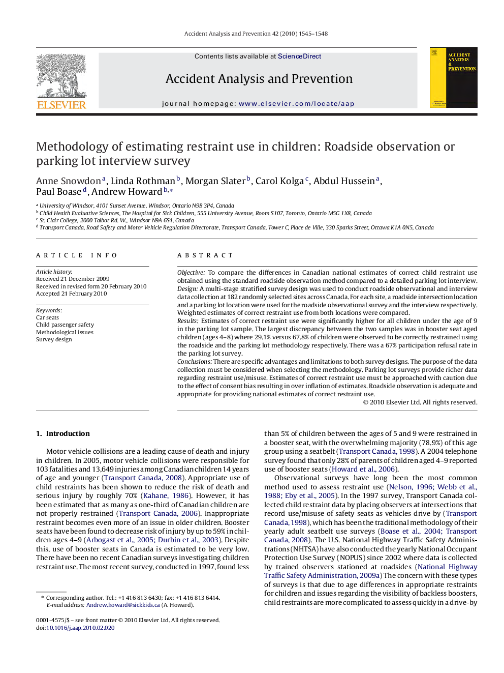 Methodology of estimating restraint use in children: Roadside observation or parking lot interview survey