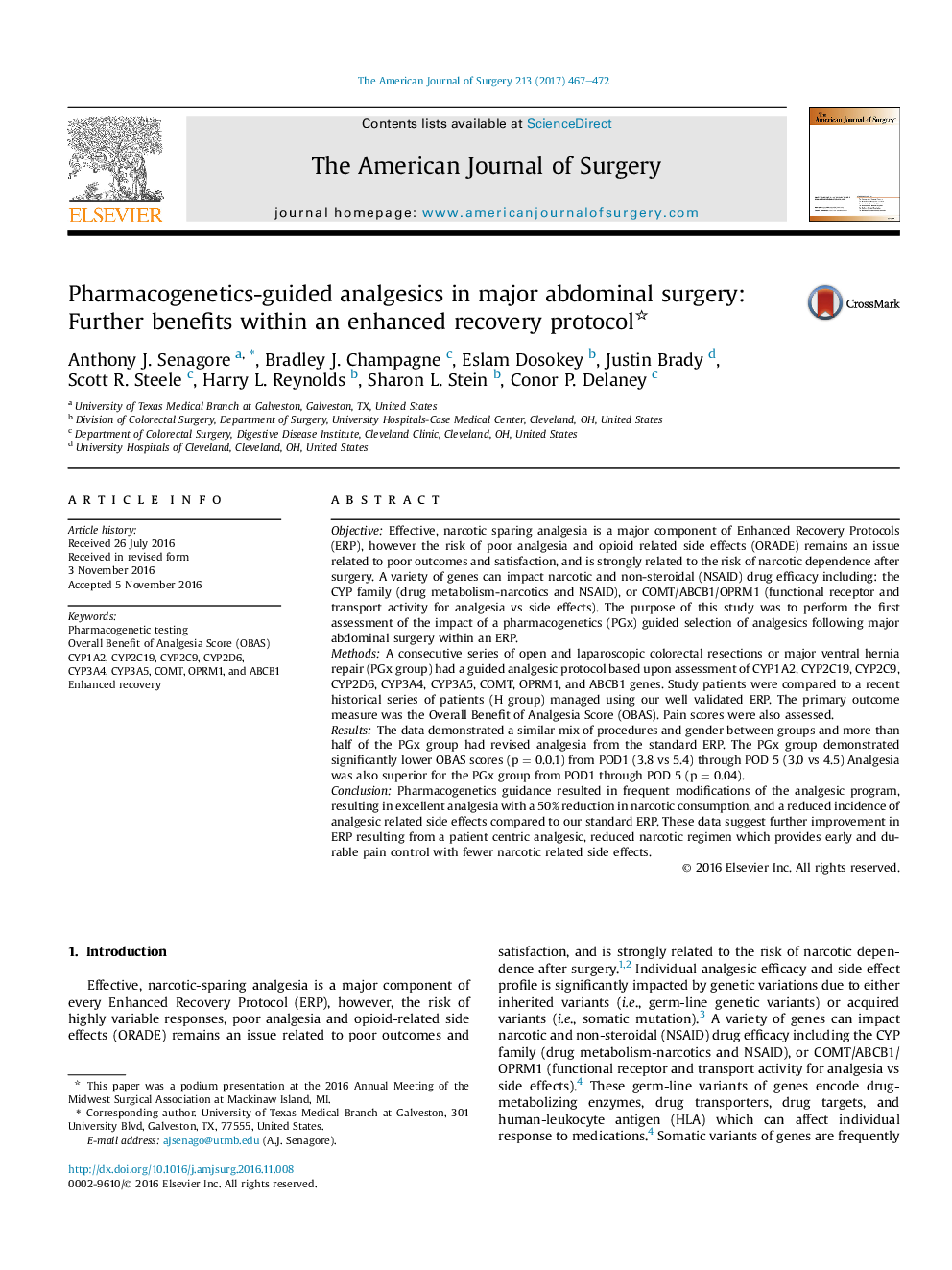 Pharmacogenetics-guided analgesics in major abdominal surgery: Further benefits within an enhanced recovery protocol