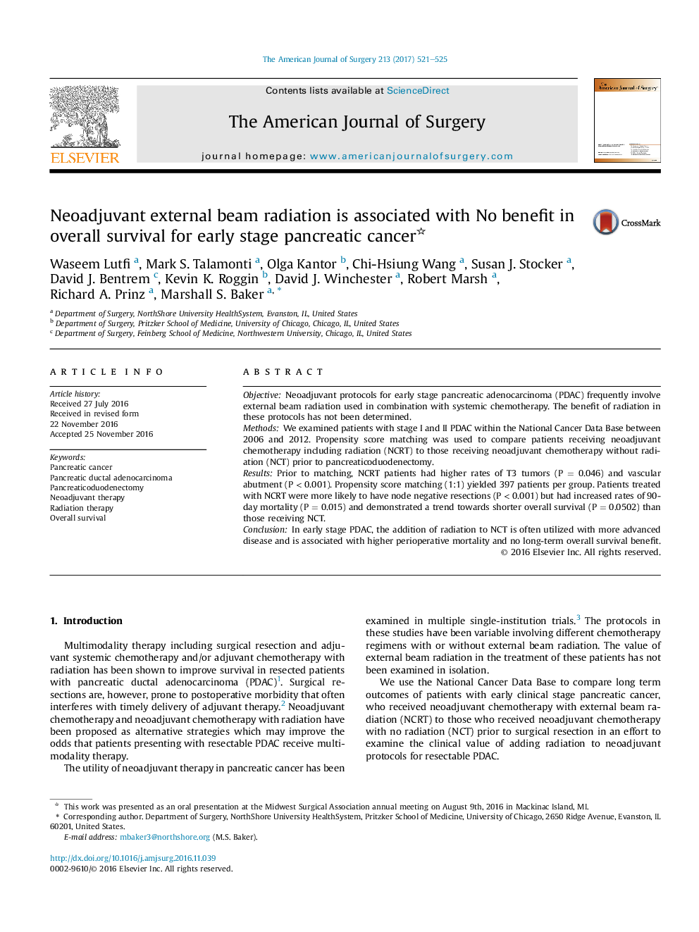 Neoadjuvant external beam radiation is associated with No benefit in overall survival for early stage pancreatic cancer