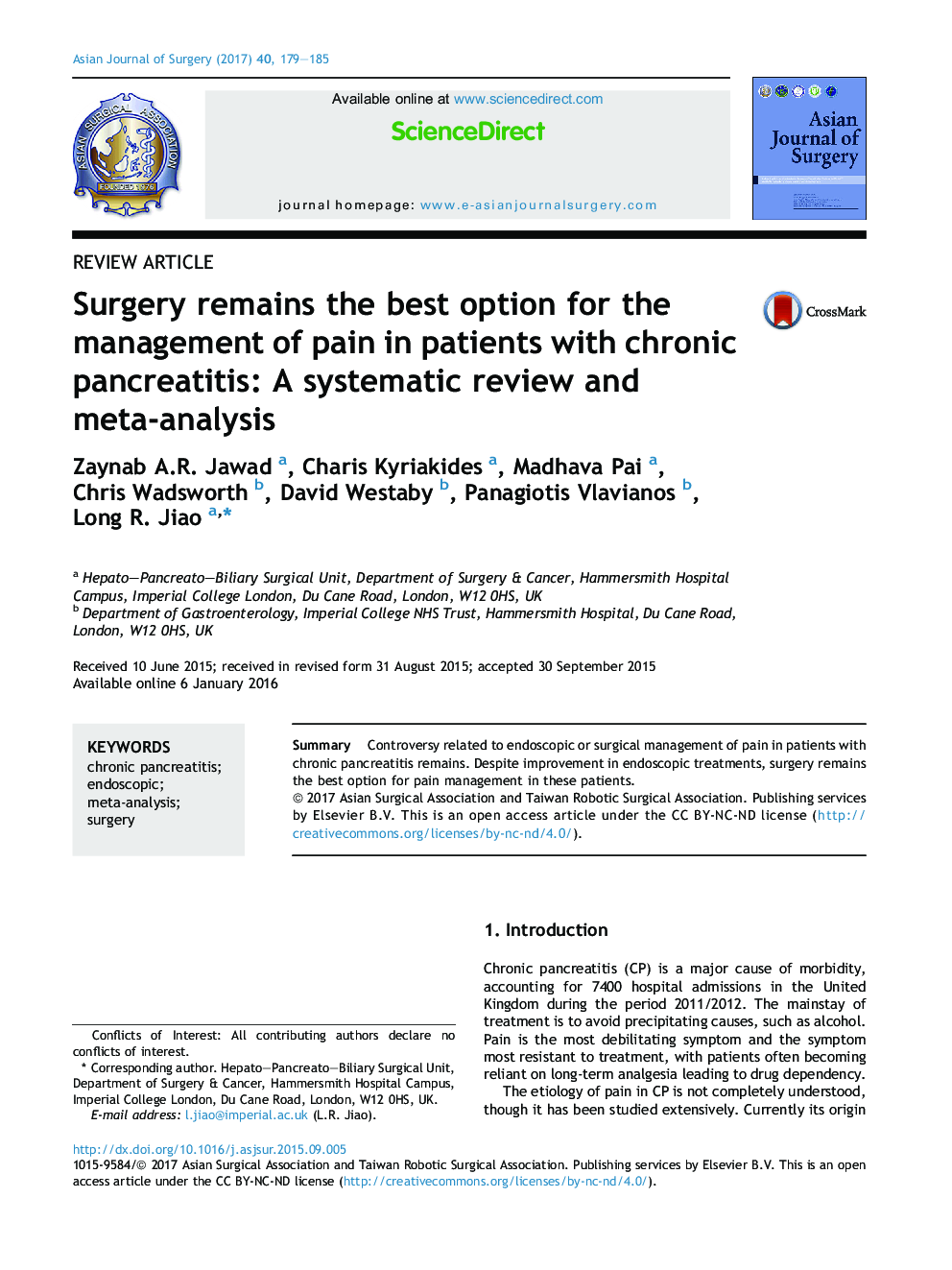 Review articleSurgery remains the best option for the management of pain in patients with chronic pancreatitis: A systematic review and meta-analysis