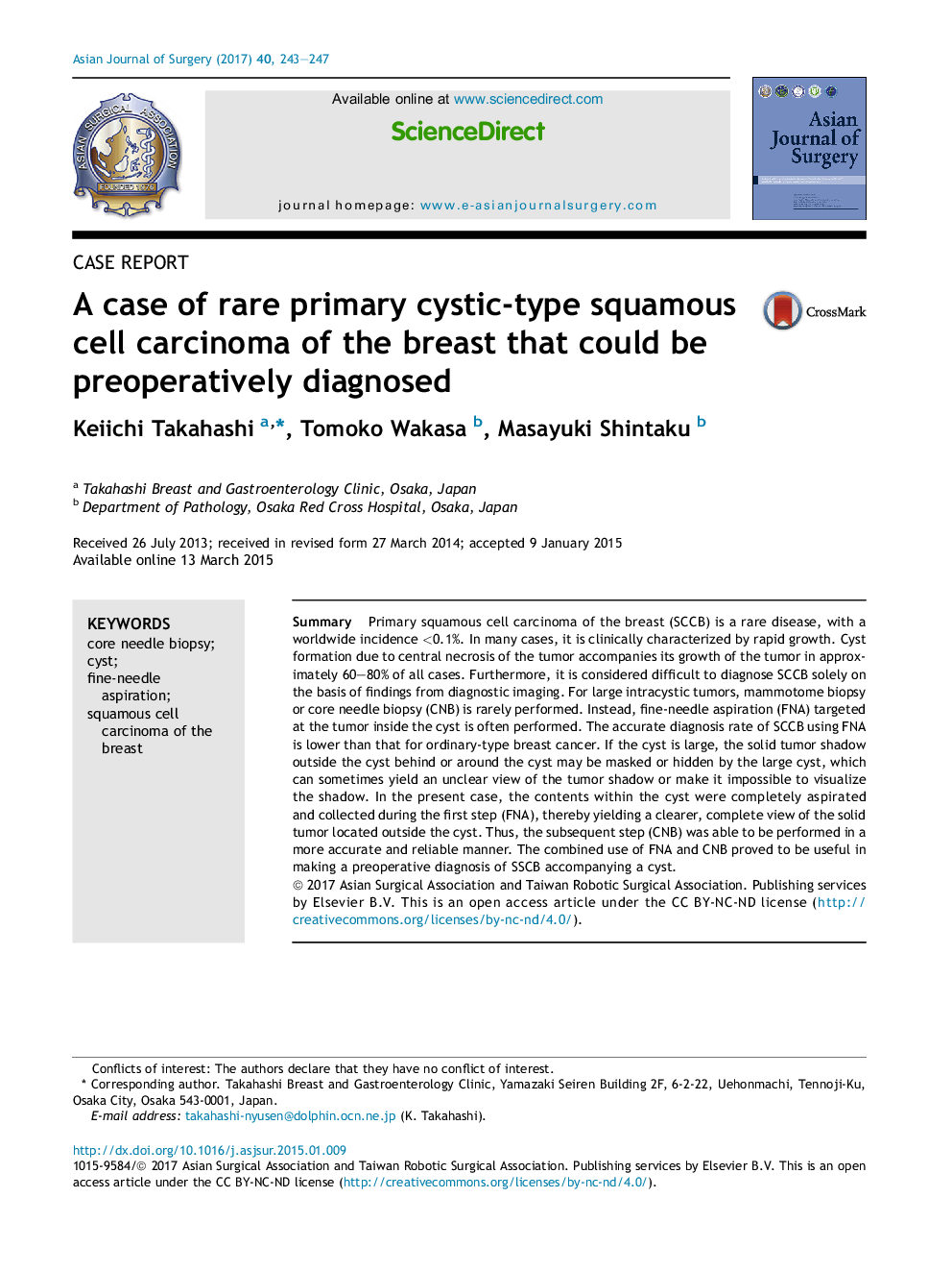 Case reportA case of rare primary cystic-type squamous cell carcinoma of the breast that could be preoperatively diagnosed