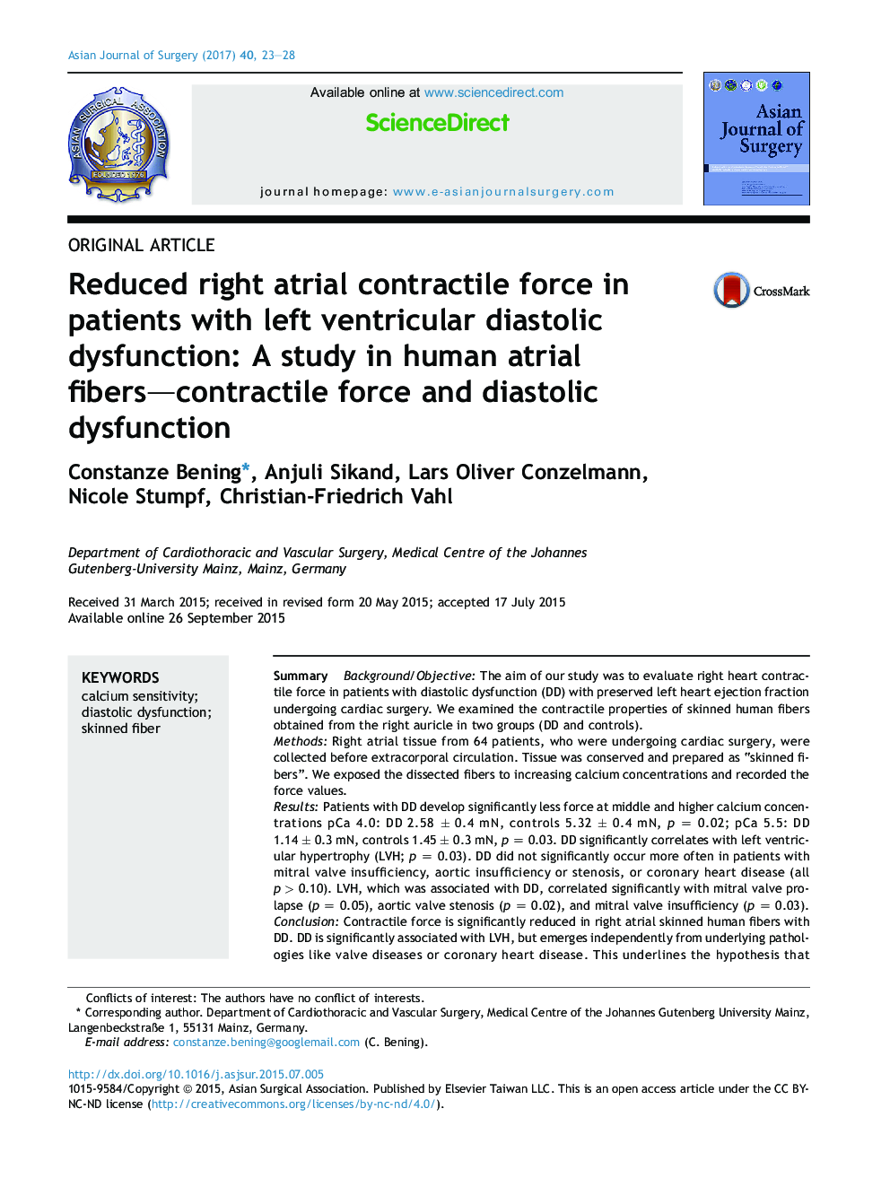 Original articleReduced right atrial contractile force in patients with left ventricular diastolic dysfunction: A study in human atrial fibers-contractile force and diastolic dysfunction