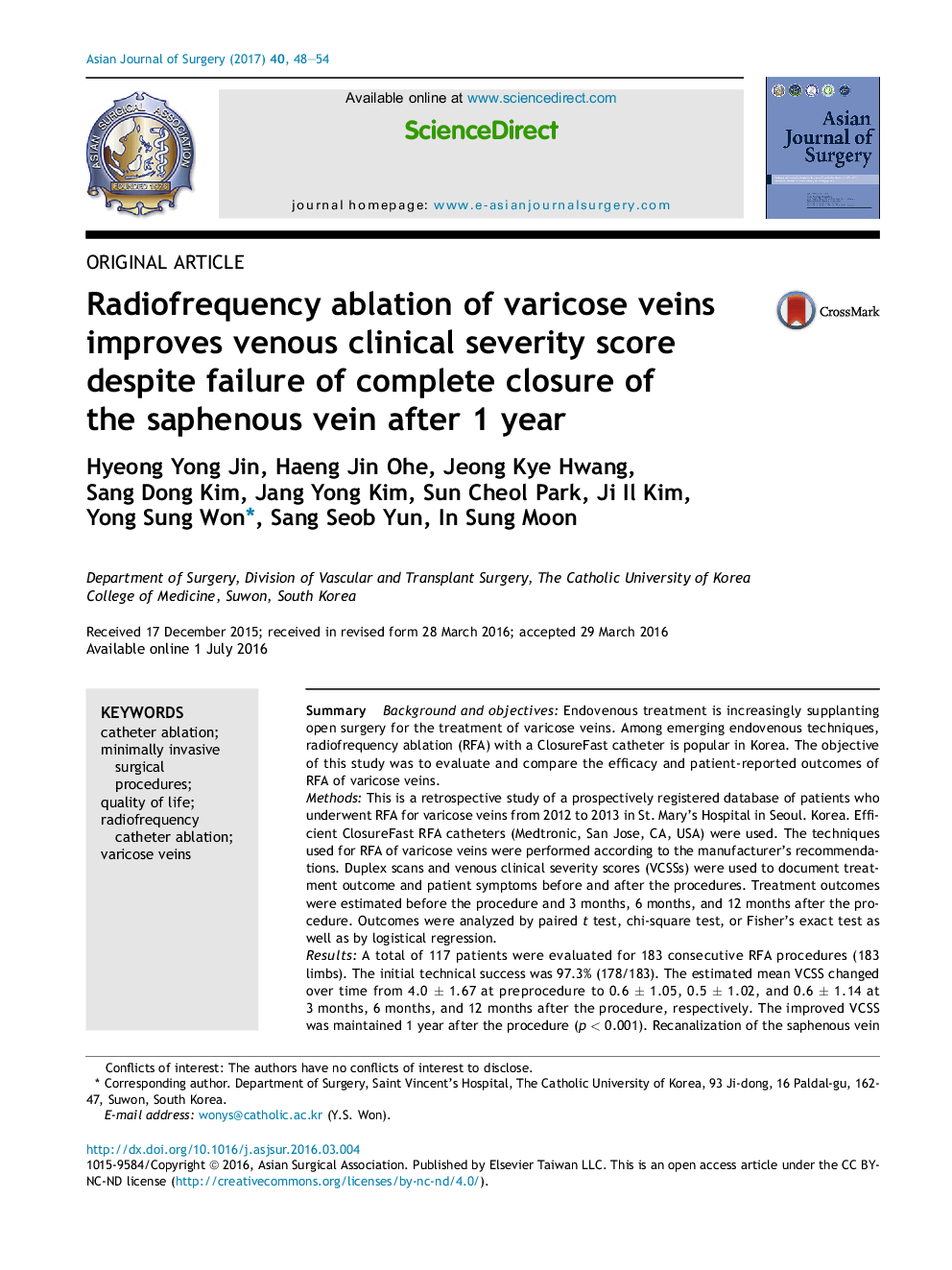 Original articleRadiofrequency ablation of varicose veins improves venous clinical severity score despite failure of complete closure of the saphenous vein after 1Â year