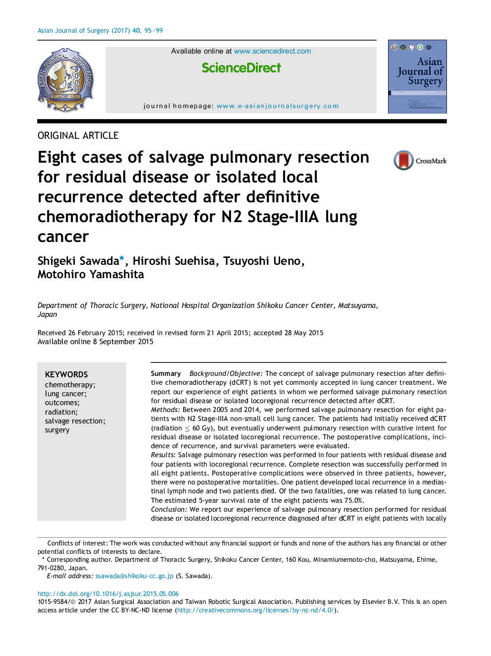 عکس صفحه اول مقاله: Original articleEight cases of salvage pulmonary resection for residual disease or isolated local recurrence detected after definitive chemoradiotherapy for N2 Stage-IIIA lung cancer Original articleEight cases of salvage pulmonary resection for residual disease or isolated local recurrence detected after definitive chemoradiotherapy for N2 Stage-IIIA lung cancer
