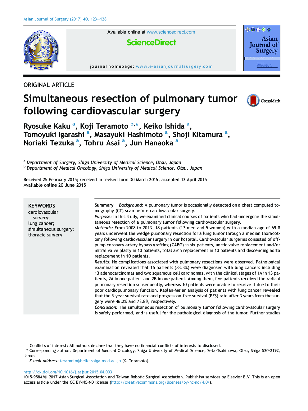 Original articleSimultaneous resection of pulmonary tumor following cardiovascular surgery