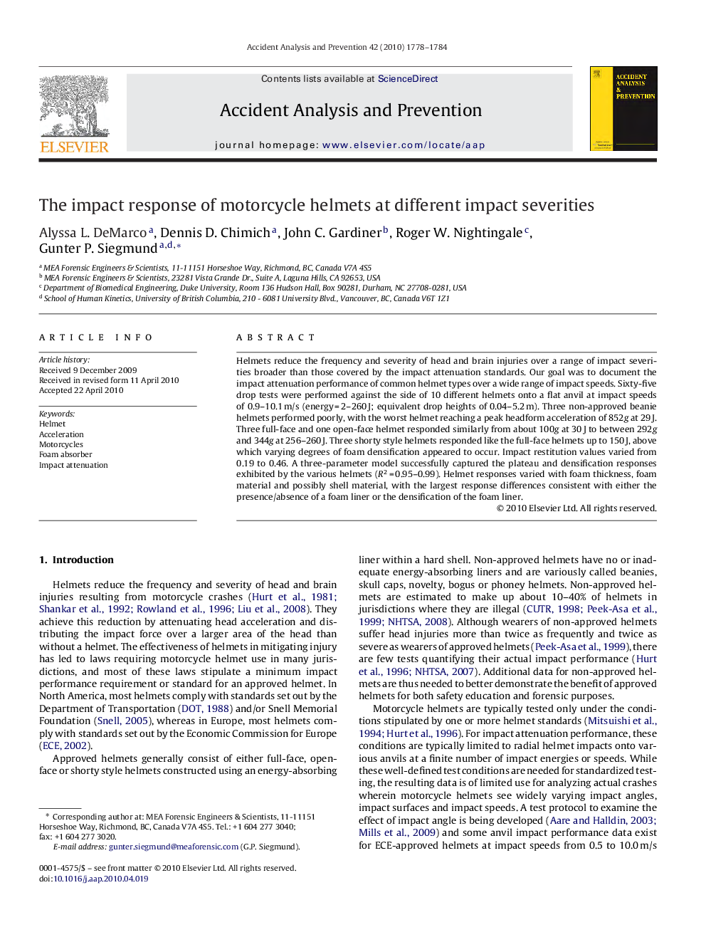 The impact response of motorcycle helmets at different impact severities