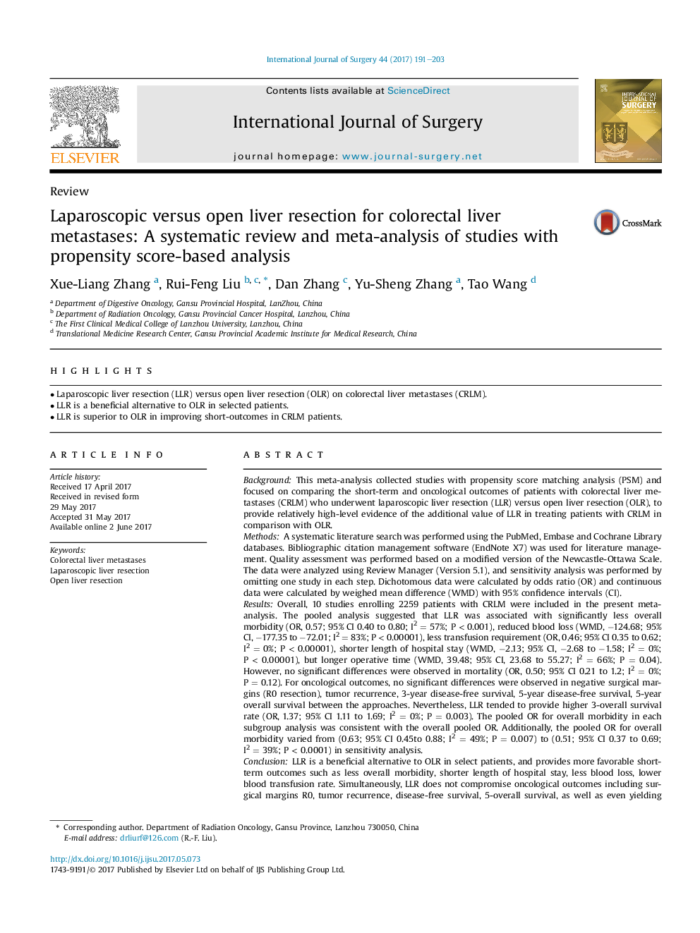 ReviewLaparoscopic versus open liver resection for colorectal liver metastases: A systematic review and meta-analysis of studies with propensity score-based analysis