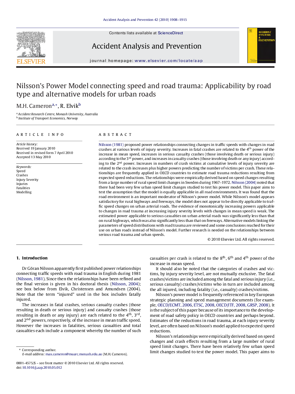 عکس صفحه اول مقاله: Nilsson's Power Model connecting speed and road trauma: Applicability by road type and alternative models for urban roads Nilsson's Power Model connecting speed and road trauma: Applicability by road type and alternative models for urban roads