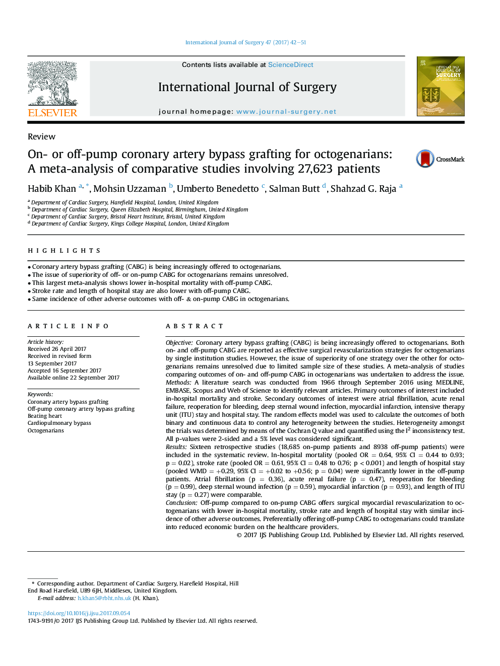 ReviewOn- or off-pump coronary artery bypass grafting for octogenarians: AÂ meta-analysis of comparative studies involving 27,623 patients