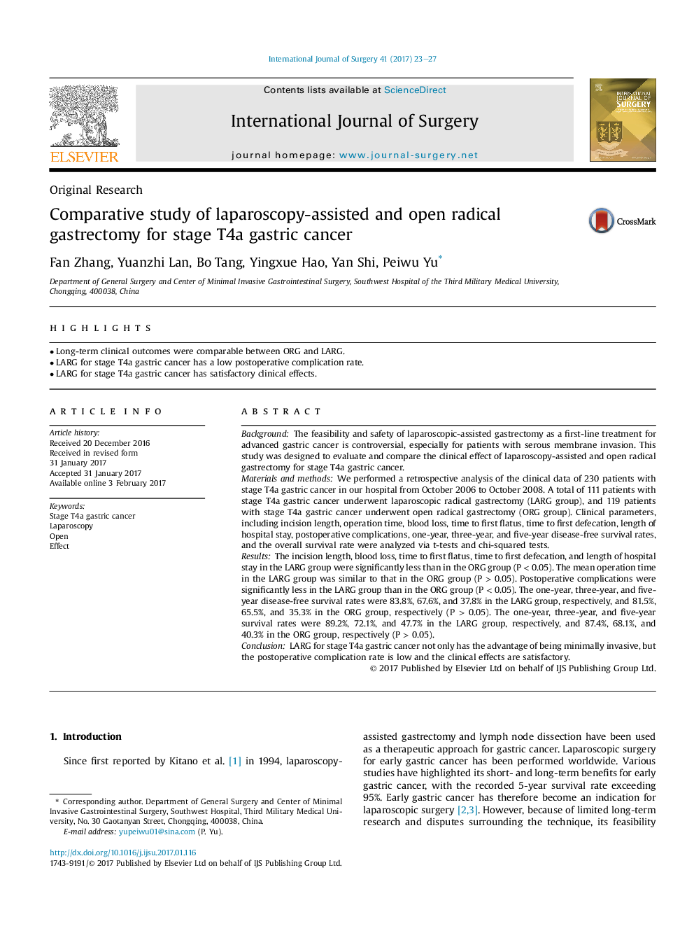 Original ResearchComparative study of laparoscopy-assisted and open radical gastrectomy for stage T4a gastric cancer