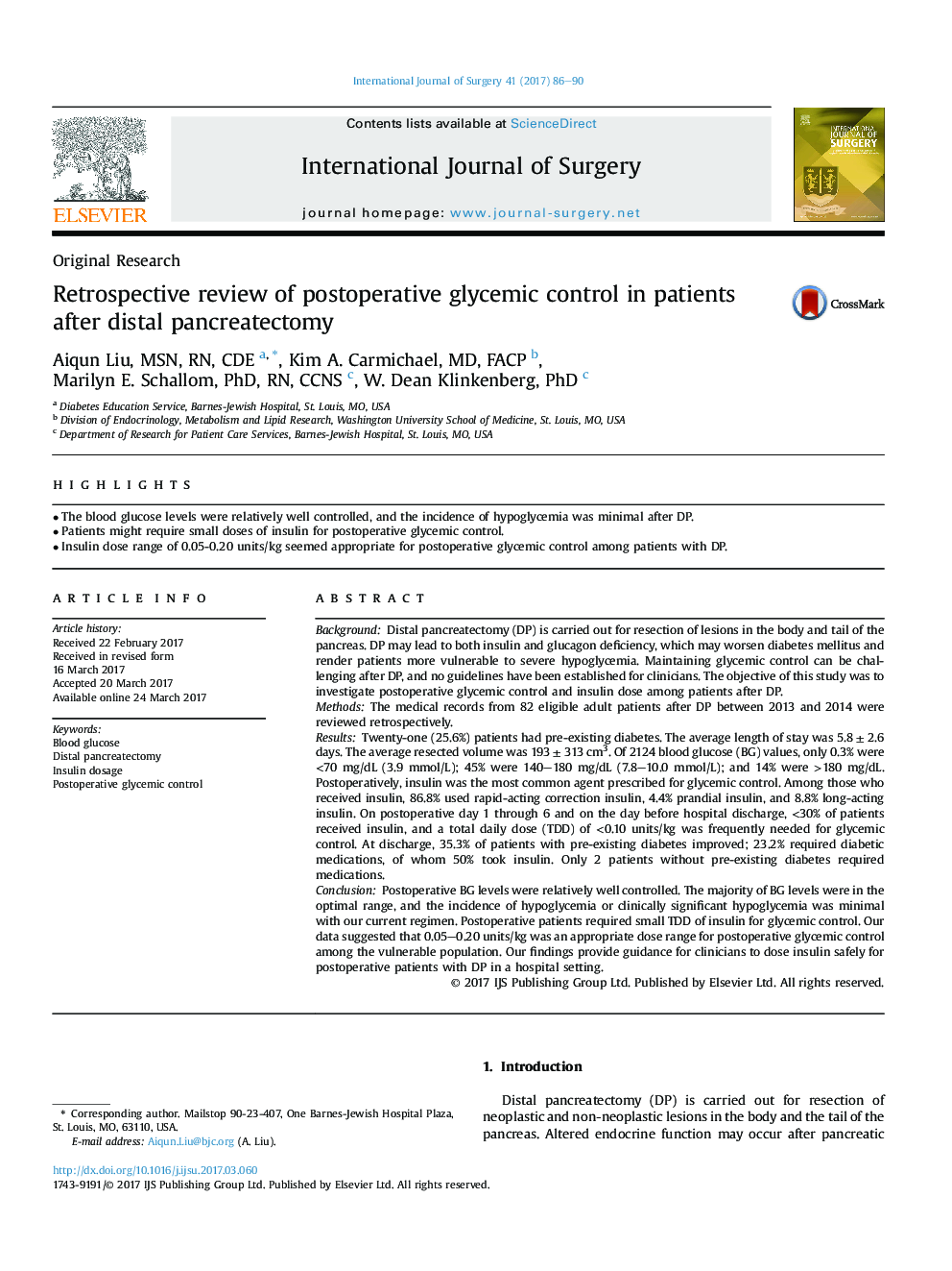 Original ResearchRetrospective review of postoperative glycemic control in patients after distal pancreatectomy