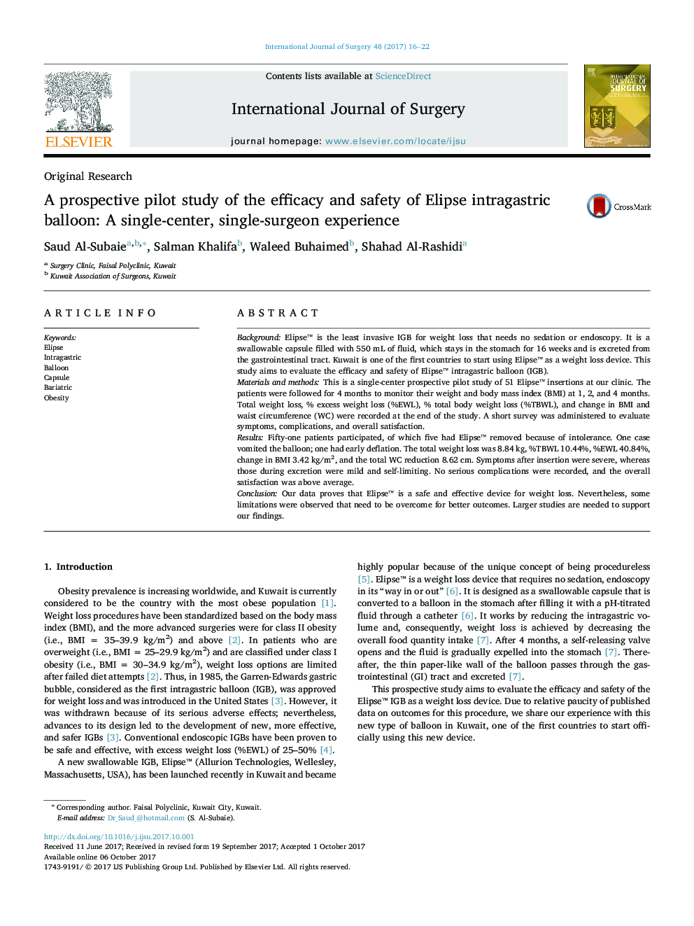 A prospective pilot study of the efficacy and safety of Elipse intragastric balloon: A single-center, single-surgeon experience