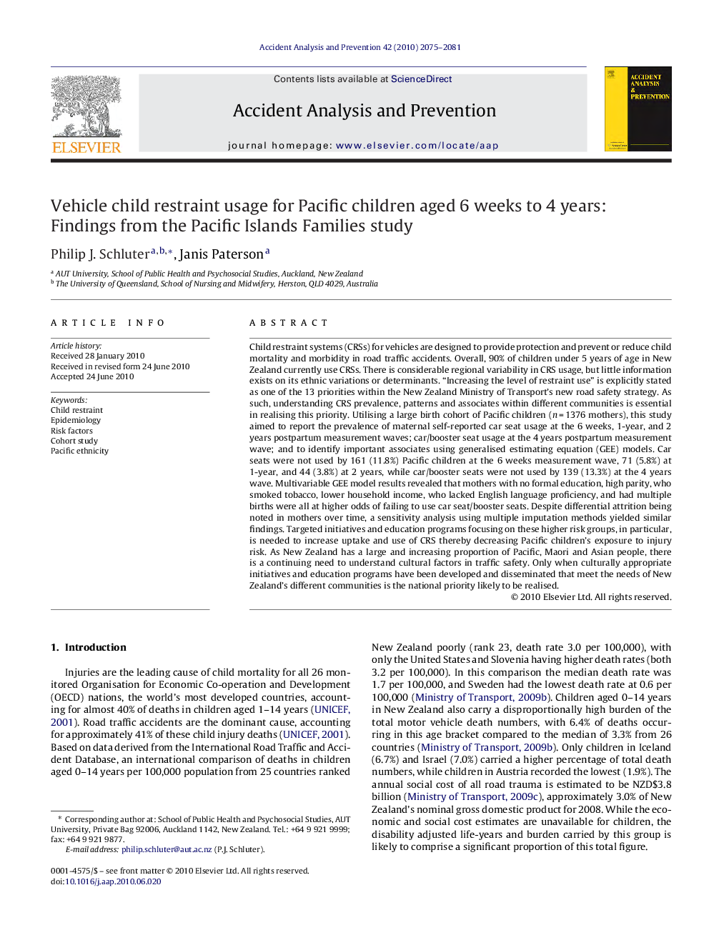 Vehicle child restraint usage for Pacific children aged 6 weeks to 4 years: Findings from the Pacific Islands Families study