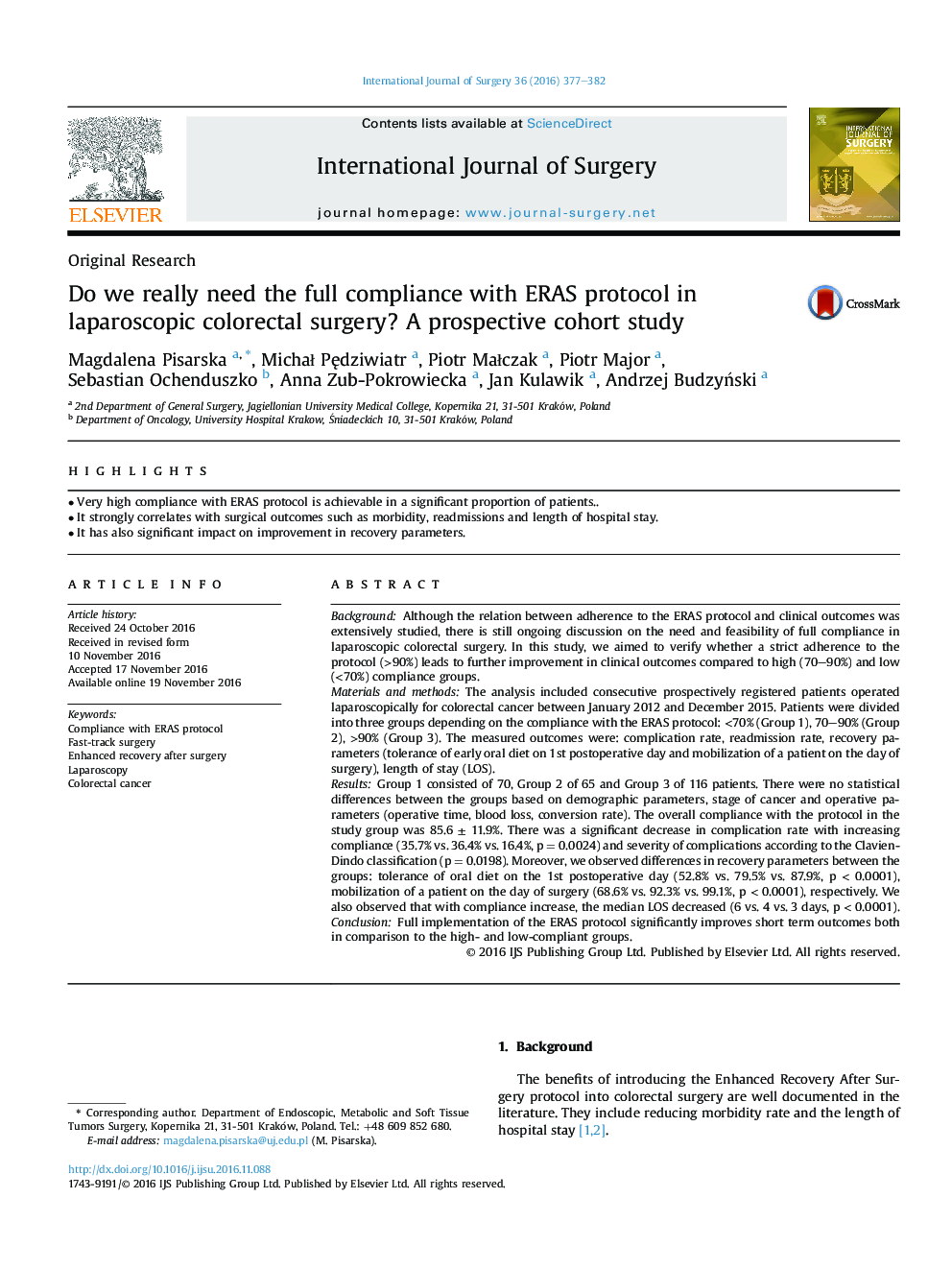 Original ResearchDo we really need the full compliance with ERAS protocol in laparoscopic colorectal surgery? A prospective cohort study