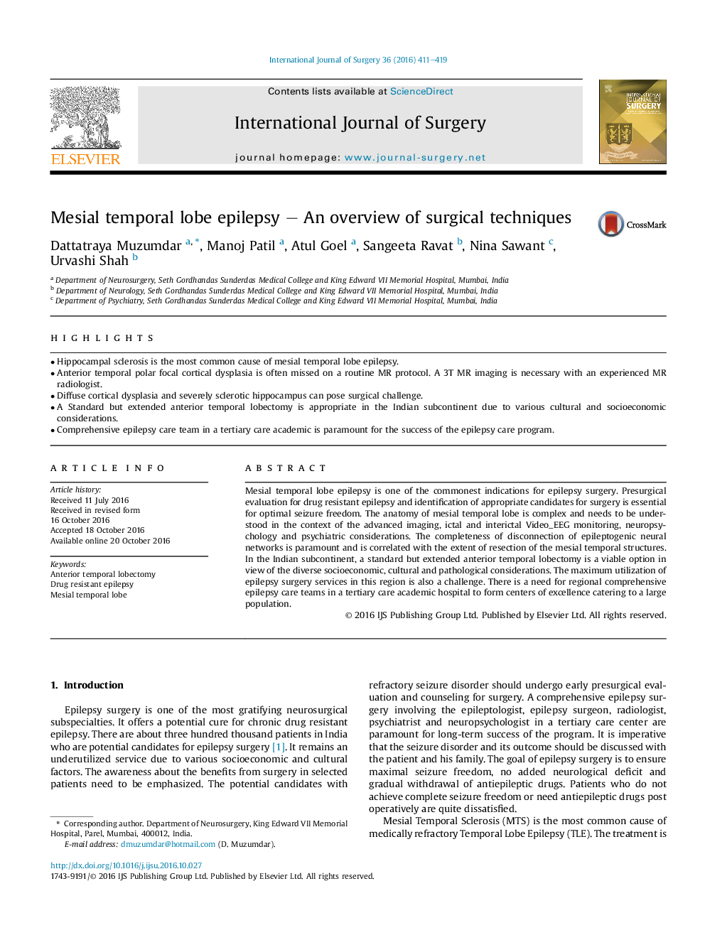 Mesial temporal lobe epilepsy - An overview of surgical techniques