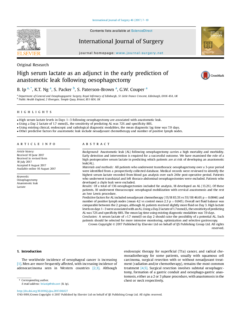 Original ResearchHigh serum lactate as an adjunct in the early prediction of anastomotic leak following oesophagectomy