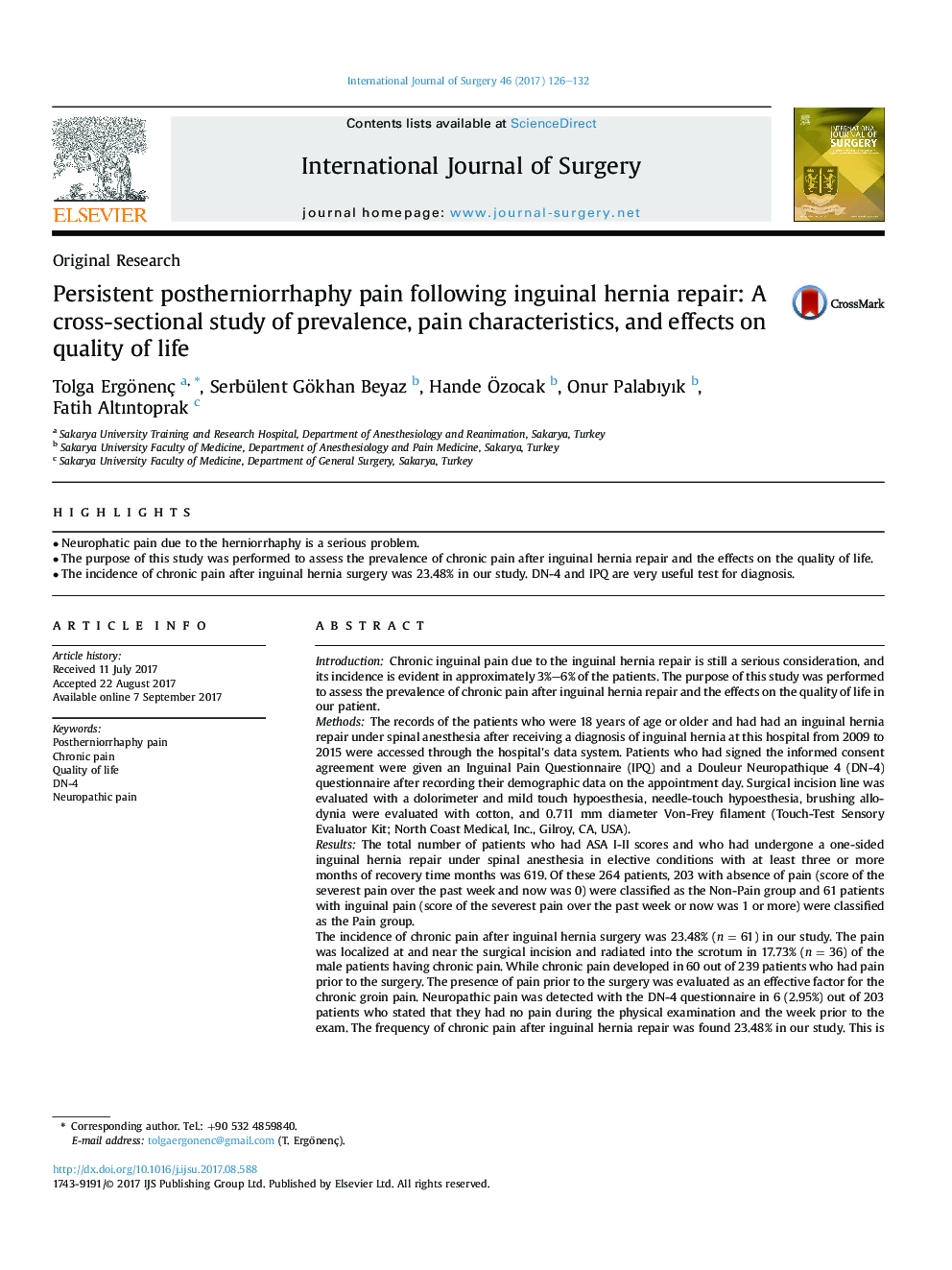 Original ResearchPersistent postherniorrhaphy pain following inguinal hernia repair: A cross-sectional study of prevalence, pain characteristics, and effects on quality of life