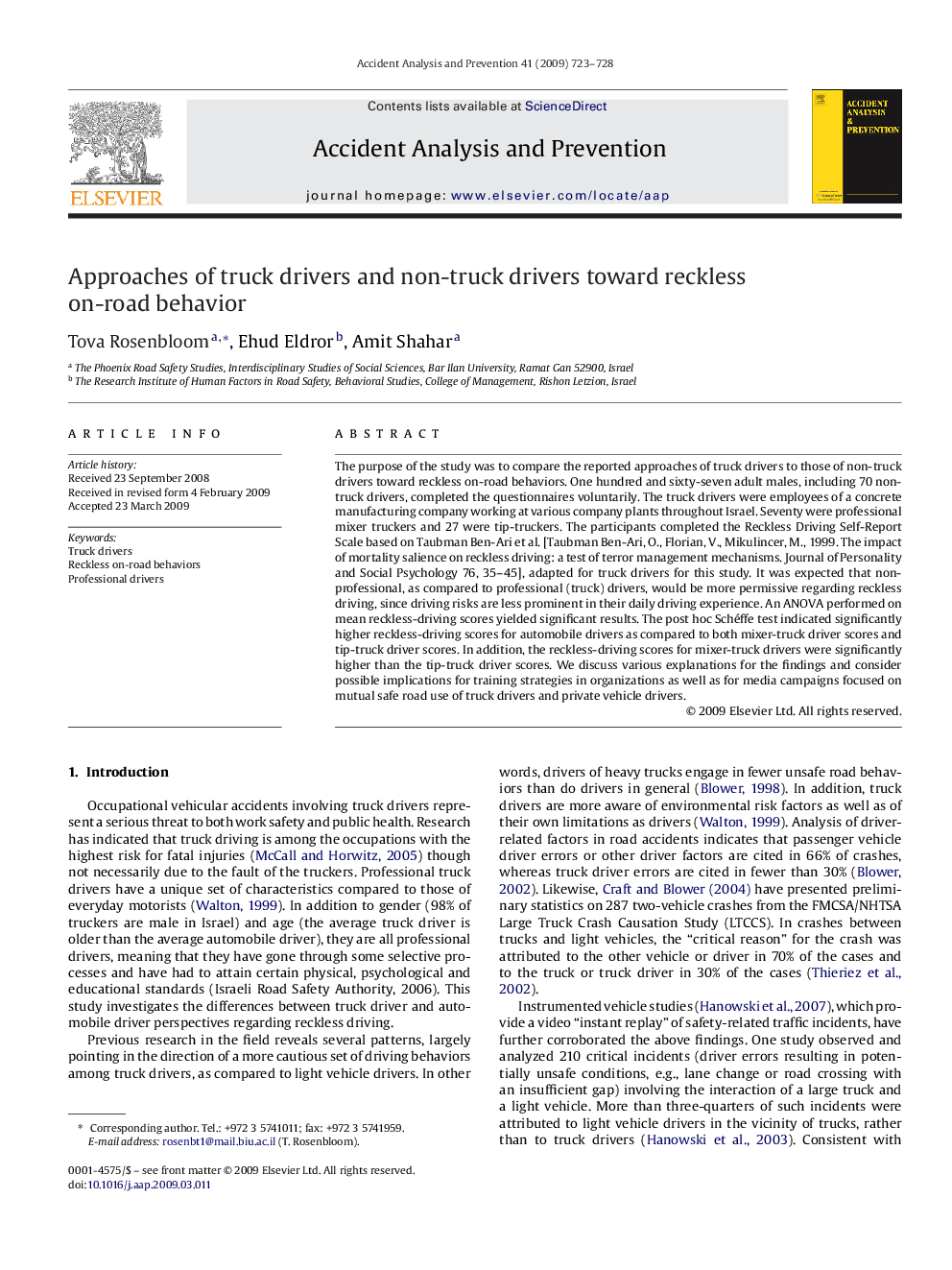 Approaches of truck drivers and non-truck drivers toward reckless on-road behavior