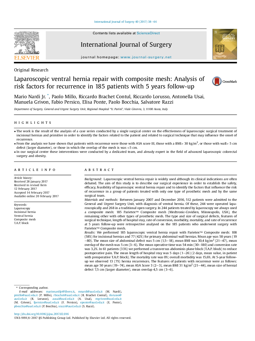 Original ResearchLaparoscopic ventral hernia repair with composite mesh: Analysis of risk factors for recurrence in 185 patients with 5 years follow-up