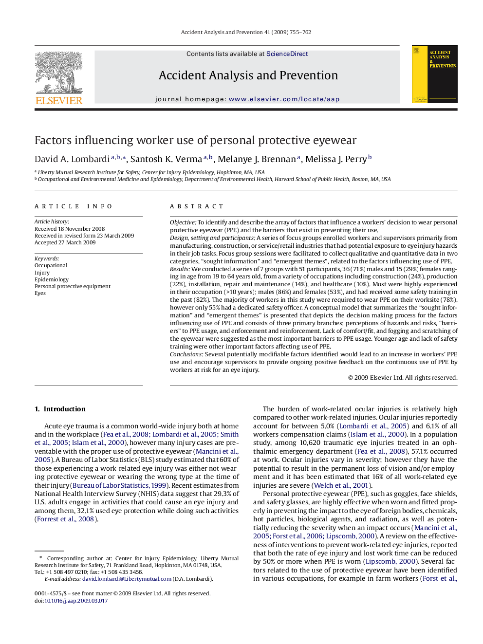 Factors influencing worker use of personal protective eyewear