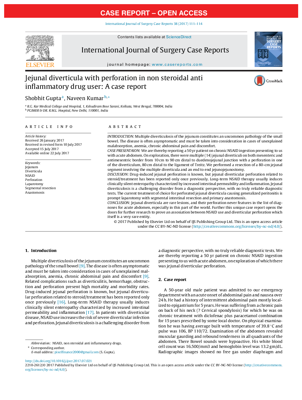 Case ReportJejunal diverticula with perforation in non steroidal anti inflammatory drug user: A case report