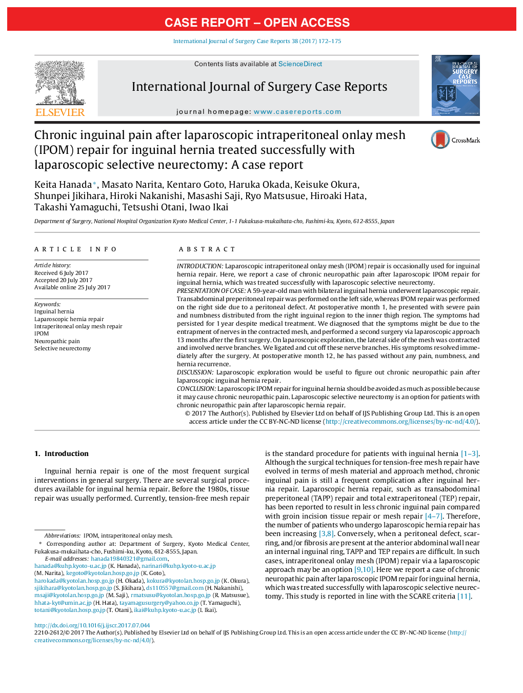 Case ReportChronic inguinal pain after laparoscopic intraperitoneal onlay mesh (IPOM) repair for inguinal hernia treated successfully with laparoscopic selective neurectomy: A case report