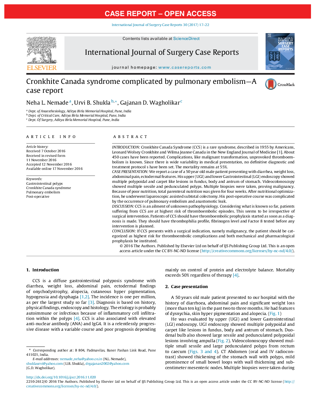 Case ReportCronkhite Canada syndrome complicated by pulmonary embolism-A case report