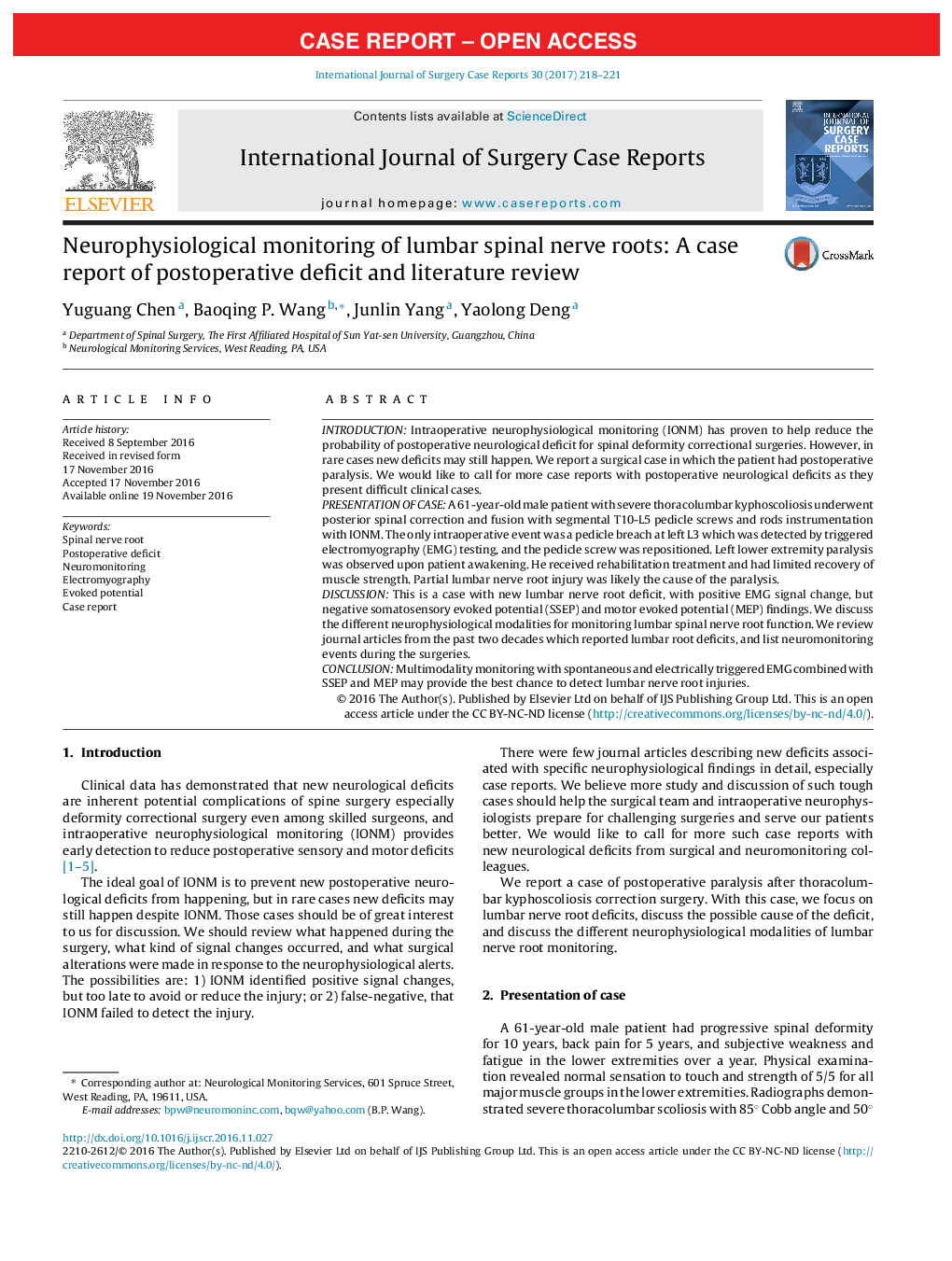 Case reportNeurophysiological monitoring of lumbar spinal nerve roots: A case report of postoperative deficit and literature review