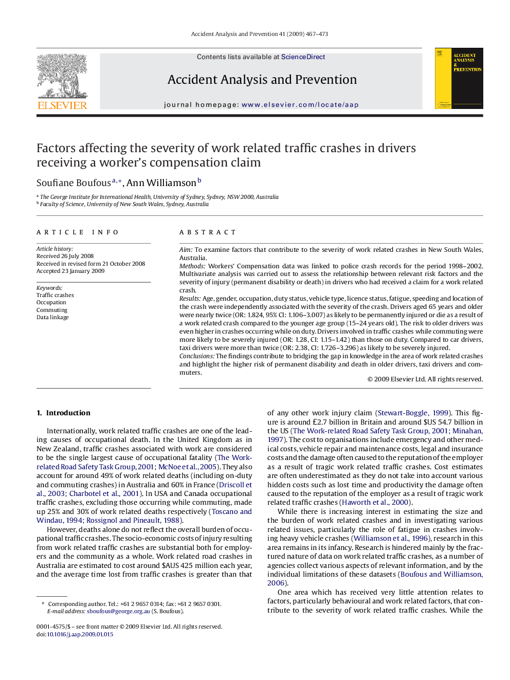 Factors affecting the severity of work related traffic crashes in drivers receiving a worker's compensation claim