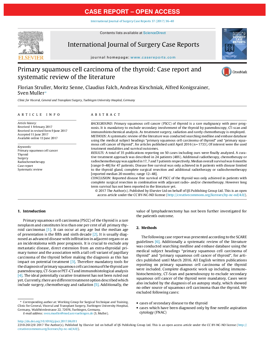 Case ReportPrimary squamous cell carcinoma of the thyroid: Case report and systematic review of the literature