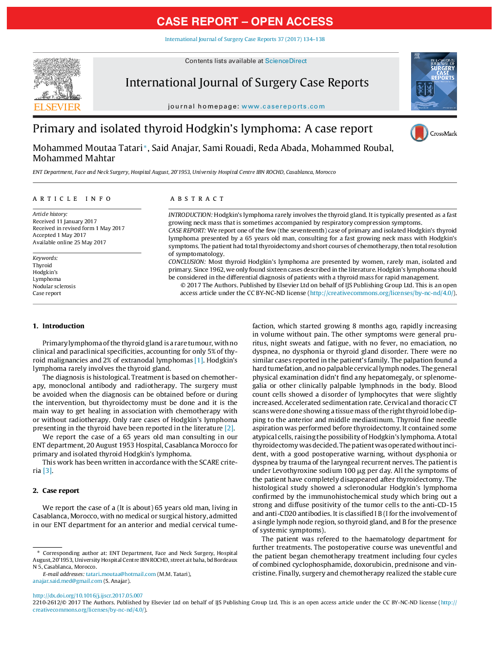 Case ReportPrimary and isolated thyroid Hodgkin's lymphoma: A case report