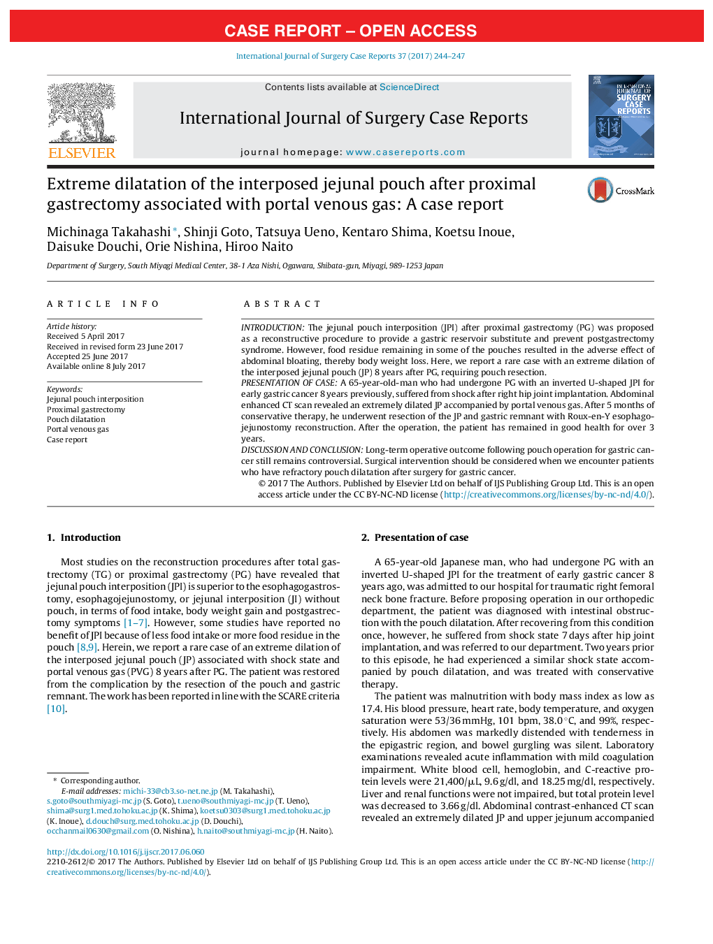 Case reportExtreme dilatation of the interposed jejunal pouch after proximal gastrectomy associated with portal venous gas: A case report