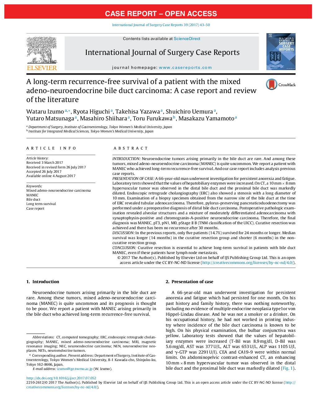 Case ReportA long-term recurrence-free survival of a patient with the mixed adeno-neuroendocrine bile duct carcinoma: A case report and review of the literature