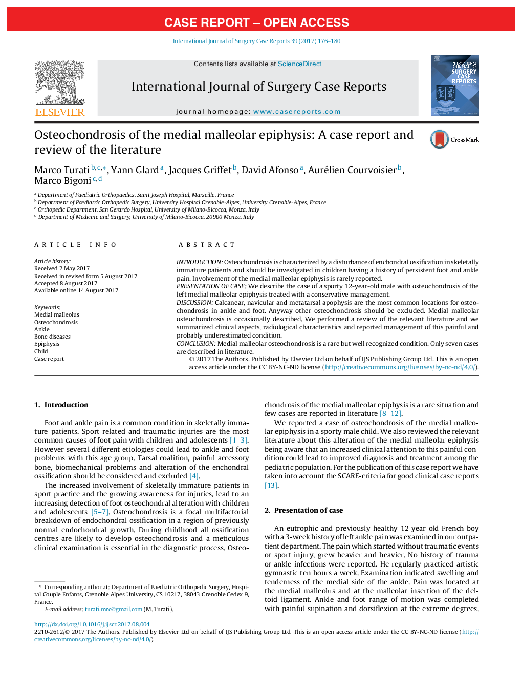 Case ReportOsteochondrosis of the medial malleolar epiphysis: A case report and review of the literature