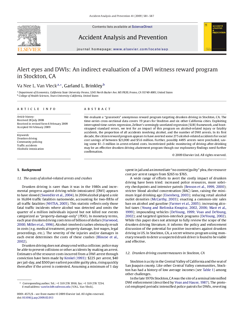 Alert eyes and DWIs: An indirect evaluation of a DWI witness reward program in Stockton, CA