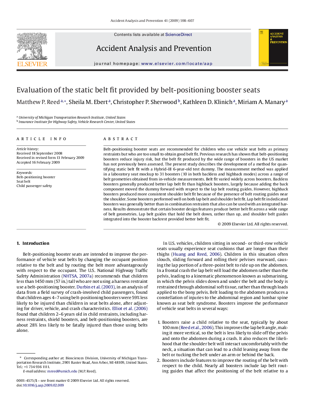 Evaluation of the static belt fit provided by belt-positioning booster seats