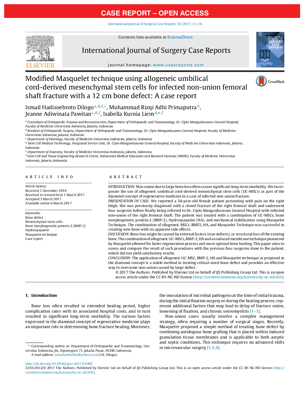 Case ReportModified Masquelet technique using allogeneic umbilical cord-derived mesenchymal stem cells for infected non-union femoral shaft fracture with a 12 cm bone defect: A case report