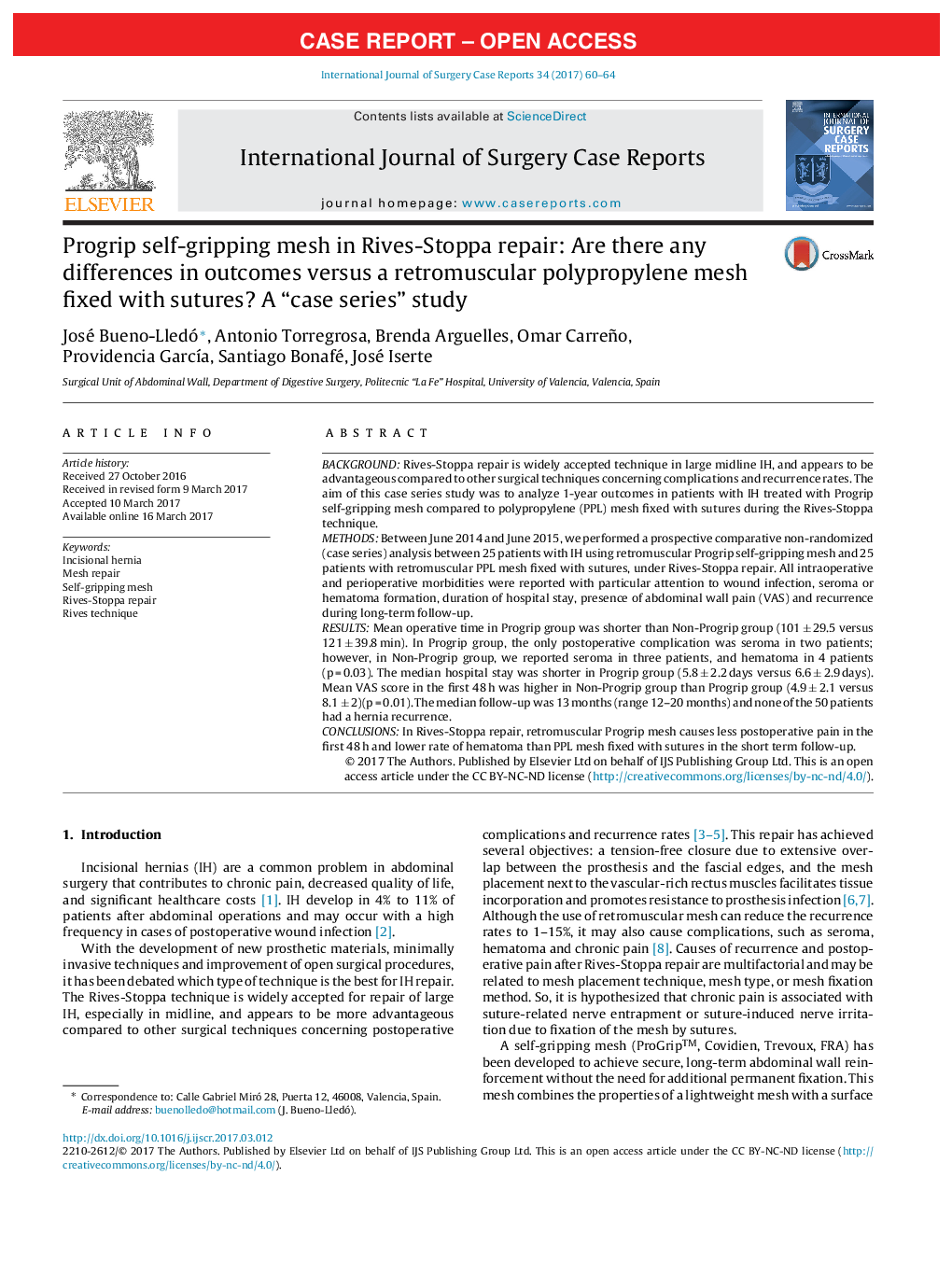 Progrip self-gripping mesh in Rives-Stoppa repair: Are there any differences in outcomes versus a retromuscular polypropylene mesh fixed with sutures? A “case series” study