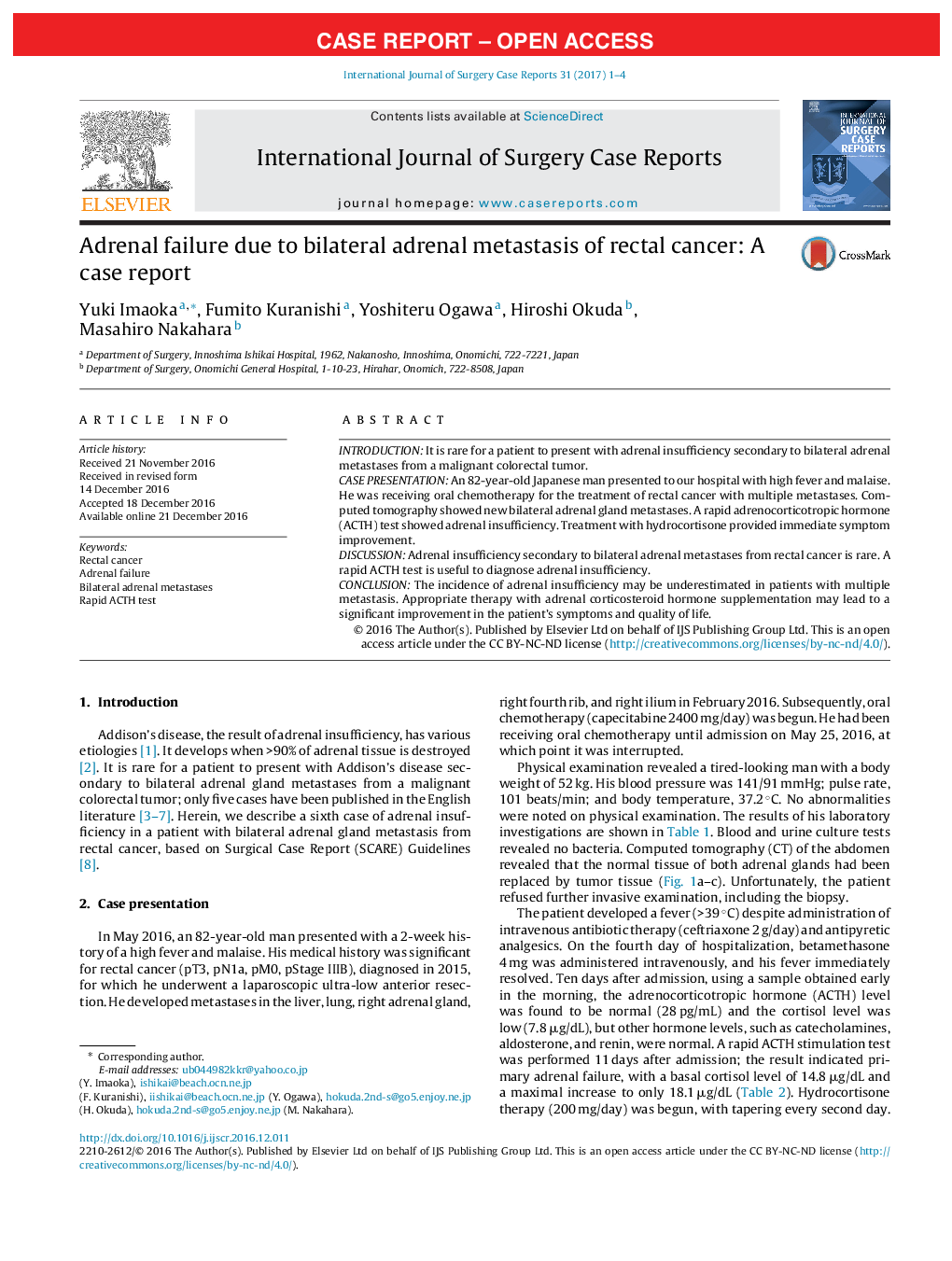 Case ReportAdrenal failure due to bilateral adrenal metastasis of rectal cancer: A case report