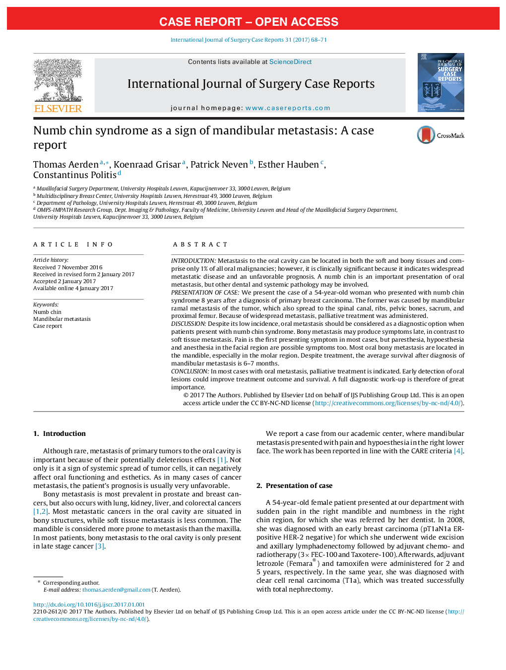 Case reportNumb chin syndrome as a sign of mandibular metastasis: A case report