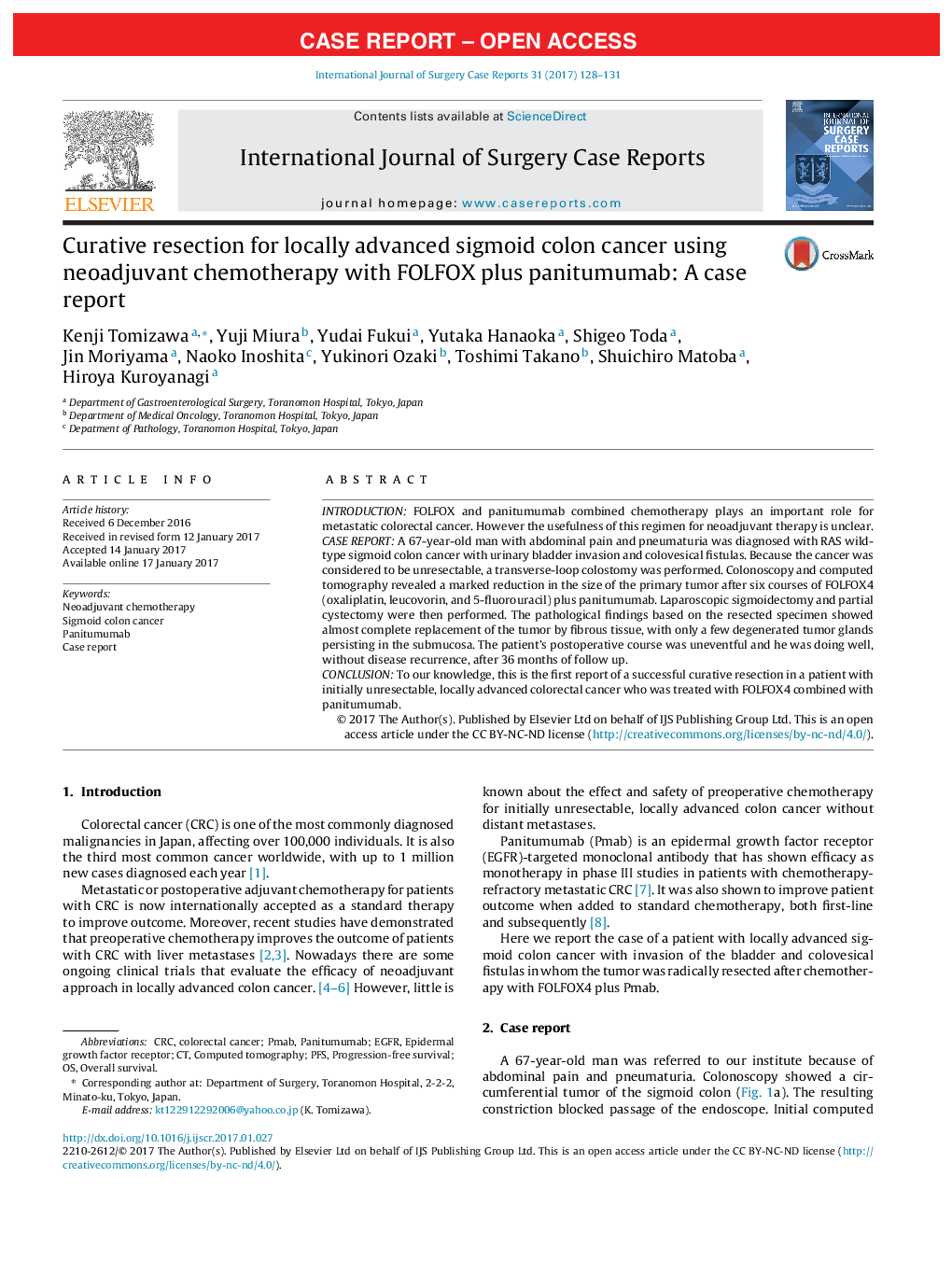 Case reportCurative resection for locally advanced sigmoid colon cancer using neoadjuvant chemotherapy with FOLFOX plus panitumumab: A case report