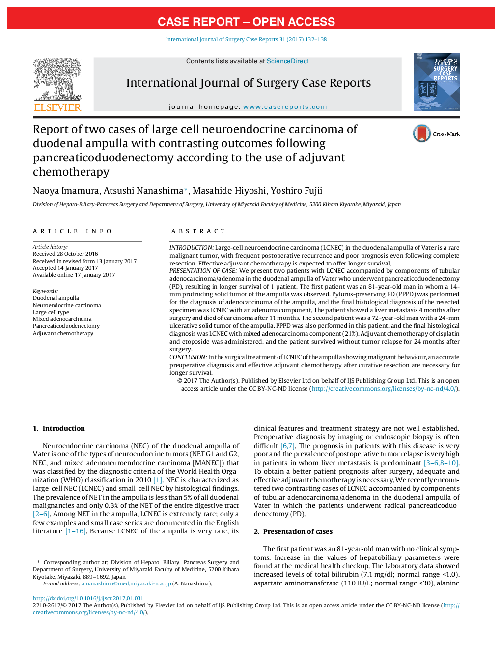 Case ReportReport of two cases of large cell neuroendocrine carcinoma of duodenal ampulla with contrasting outcomes following pancreaticoduodenectomy according to the use of adjuvant chemotherapy