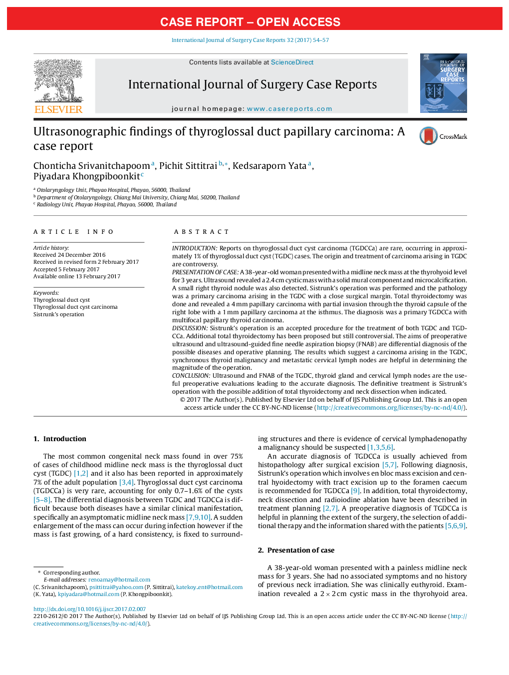 Case ReportUltrasonographic findings of thyroglossal duct papillary carcinoma: A case report